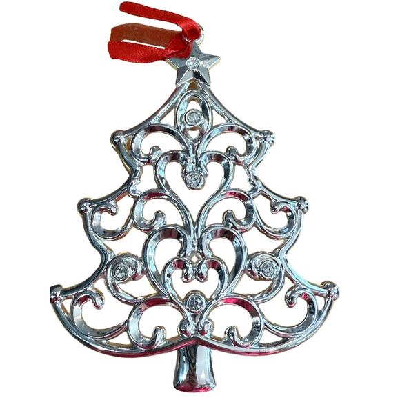 VTG Lenox Sparkle & Scroll Silver Plated Crystal Christmas Tree Ornament w/ Box - Picture 12 of 13